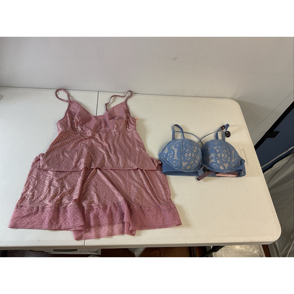 2 PC NEW Victorias‎ Secret LOT Blue lace Bombshell Bra 32C mauve chemise XS